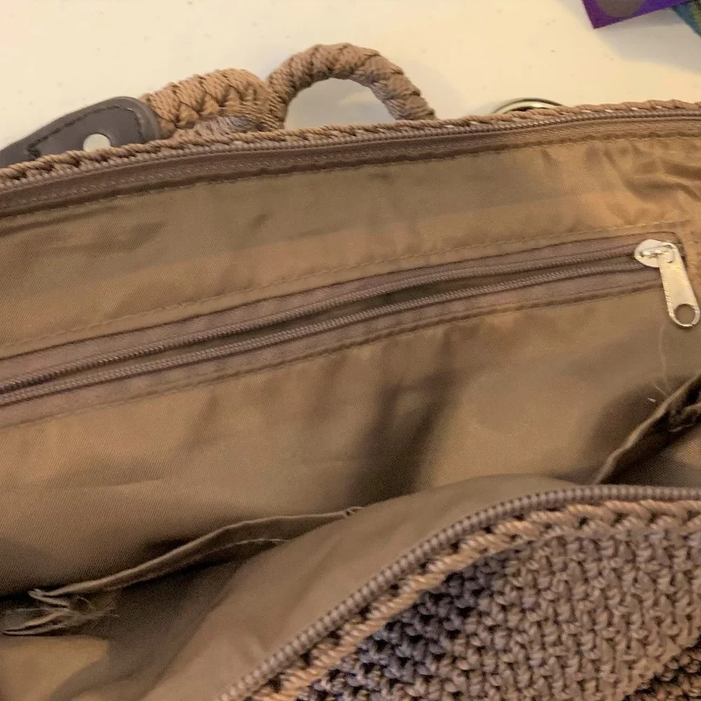 Saks Taupe Brown Crochet Shoulder Bag Tote - Picture 12 of 14